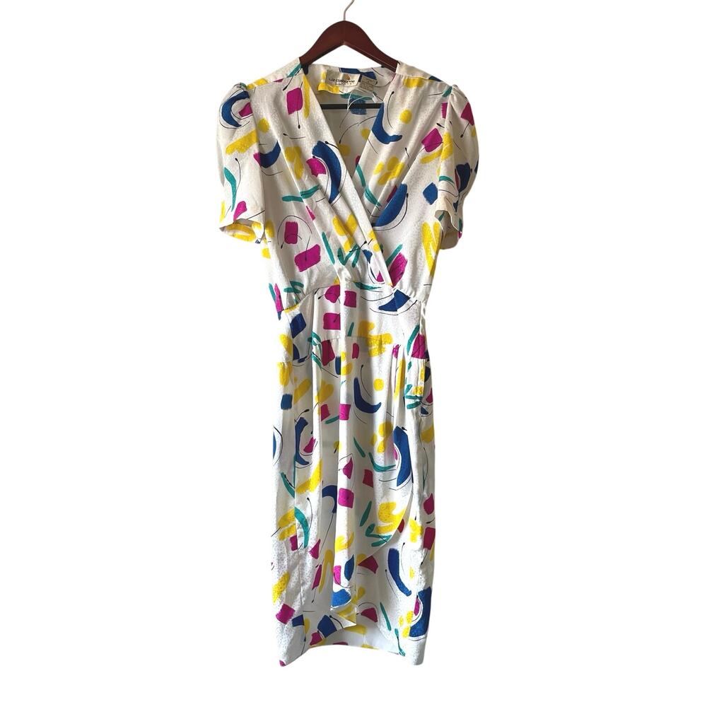 Vintage 80s colorful abstract shapes puff‎ sleeve midi dress xs